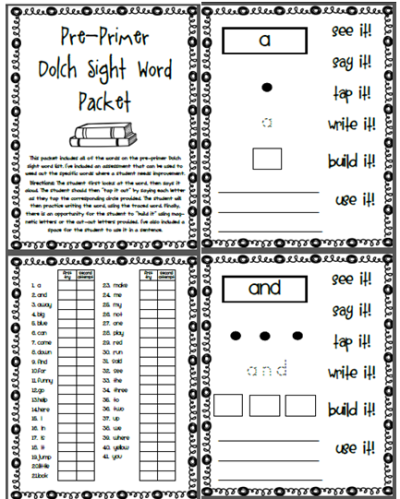 Pre-Primer Dolch Sight Word Packet - A great strategy for helping young ones develop vocabulary!